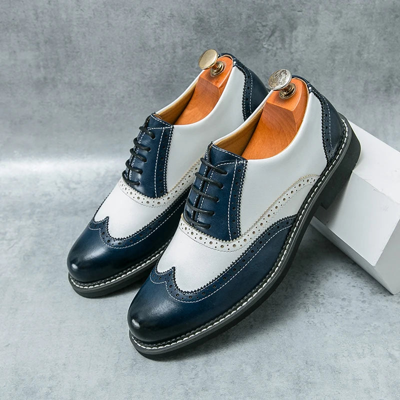 British Men's Trendy Shoes Handmade Sole Brogue Shoes Fashionable Blue Men's Leather Casual Shoes Versatile Free Delivery