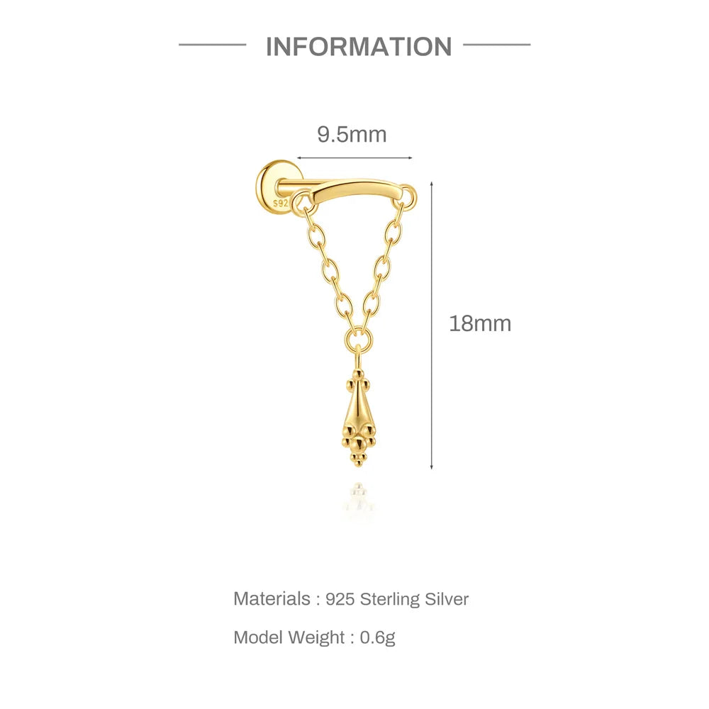CANNER 1PC Tassel Chain Star Moon 925 Sterling Silver Flat Head Piercing Earring For Woman Ins 14K Gold Plated Dainty Jewelry