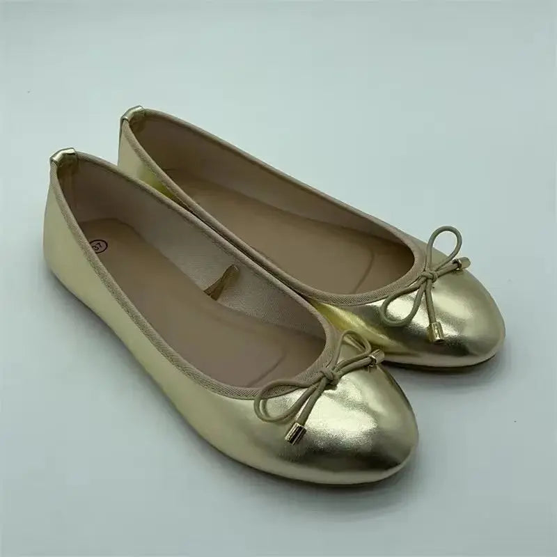 Eilyken Gold Silver Elegant Bowknot Round Toe Women's Flat Comfort Slip-On Ladies Ballerina Single Mules Shoes Zapatos Mujer