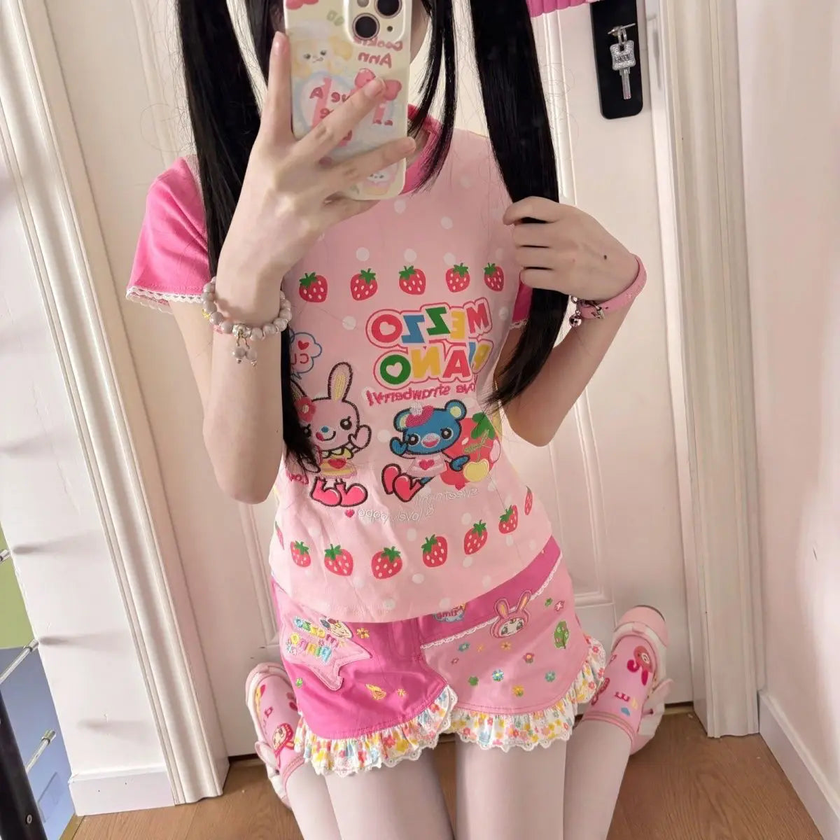 Japanese Kawaii Cartoon Print Tshirts Harajuku Contrast Patchwork Lace Fairy T-shirt Women Y2k Aesthetic Grunge Cropped Tees