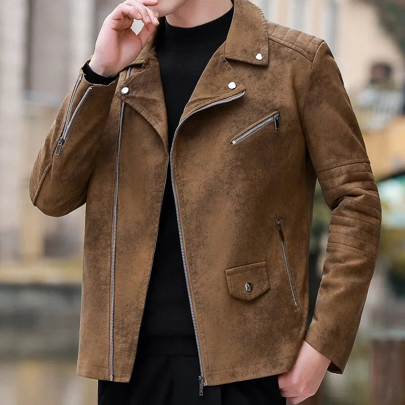 Men's Streetwear Vintage Motorcycle Coat Stand Collar Brown Leather Jacket Motorcycle PU Faux Leather Coat Winter Outwear Mens