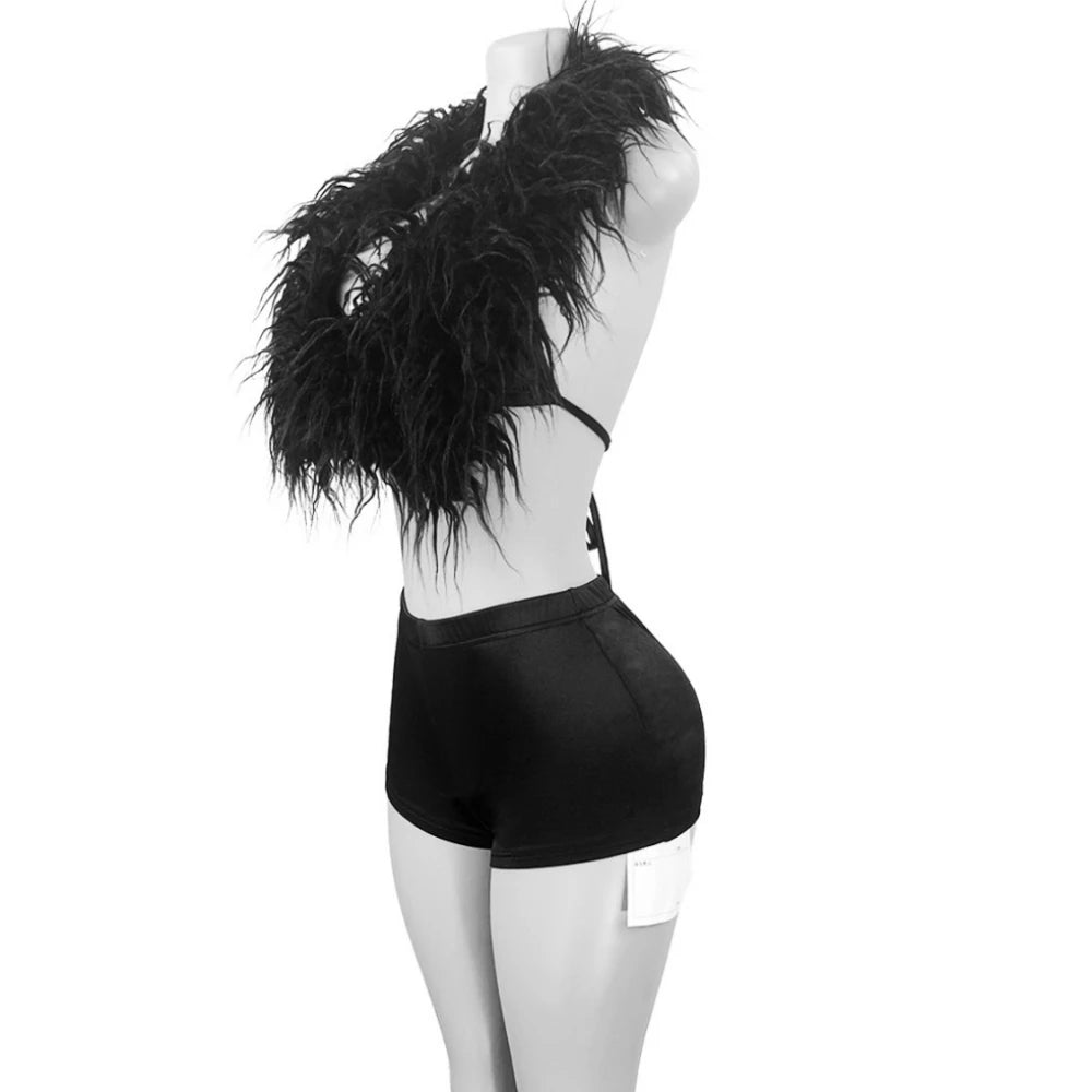 HLJ&GG Fashion Y2K Fur Hollow Out Streetwear Women Sleeveless Slim Crop Top And Shorts Outfits Female Trend 2pcs Outfits 2025