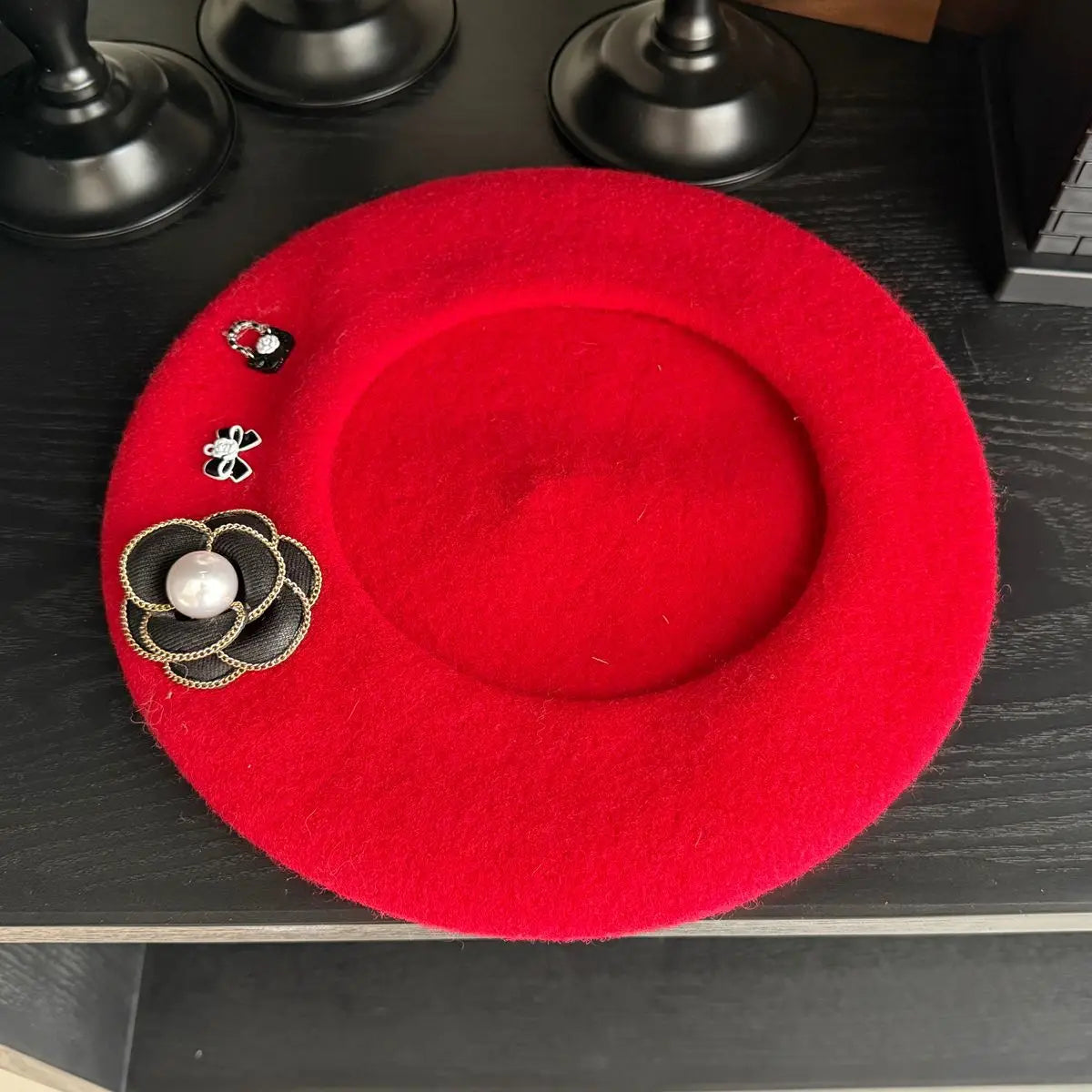 Women's Wool Beret with Camellia & Pearl | French Vintage Elegant Style | Party Painter Hat