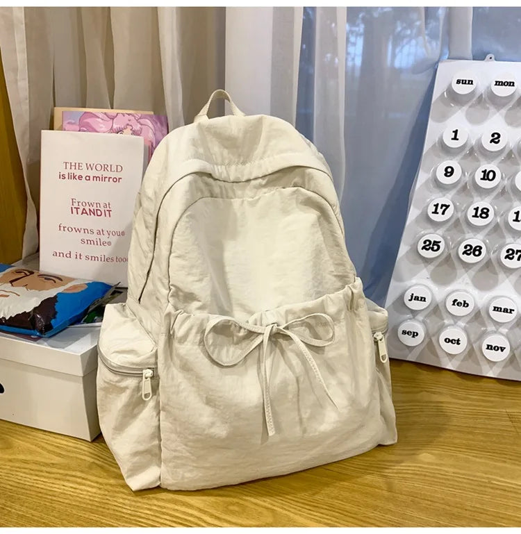 Japanese Style Student Backpack Solid Color Bow Travel School Bag Lightweight and Fashionable Women's Backpack New Simple Casual