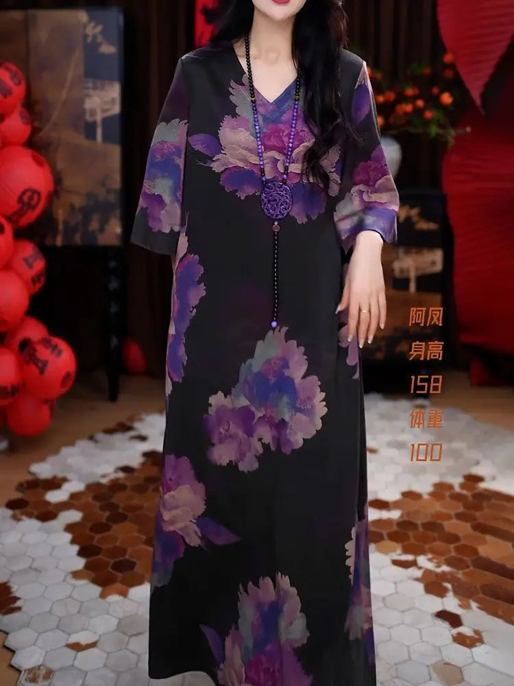 New Elegant Temperament V-neck Dress with New Style of Flesh Covering and Making It Look Thinner than the Knee A-line Skirt