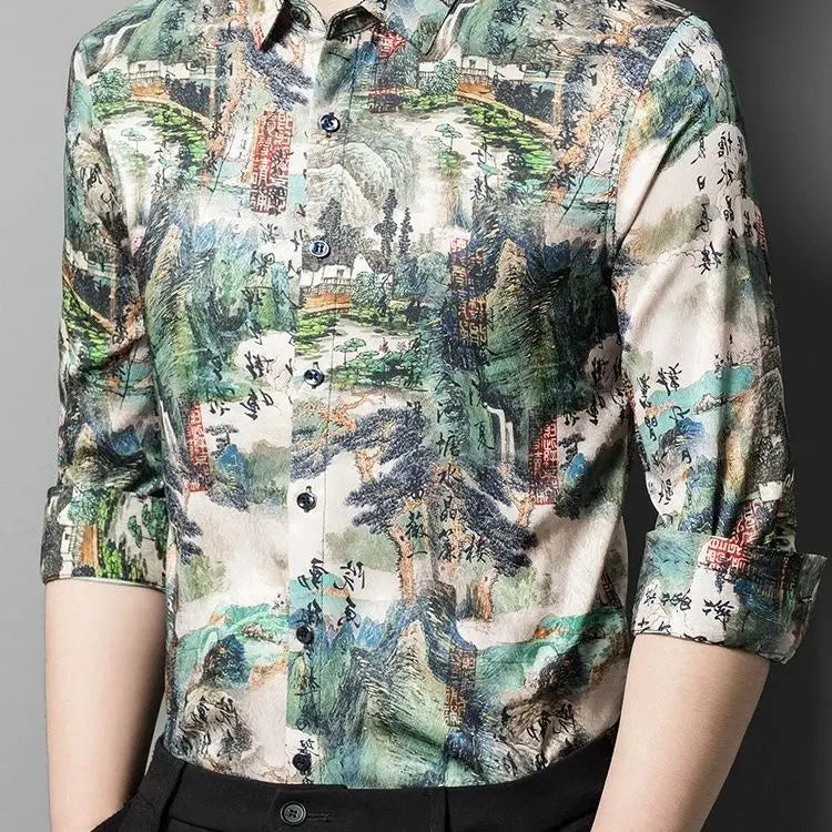 Men's New Long Sleeve National Style Shirt Middle-aged Trendy High-grade Printed China Thin Casual Shirt