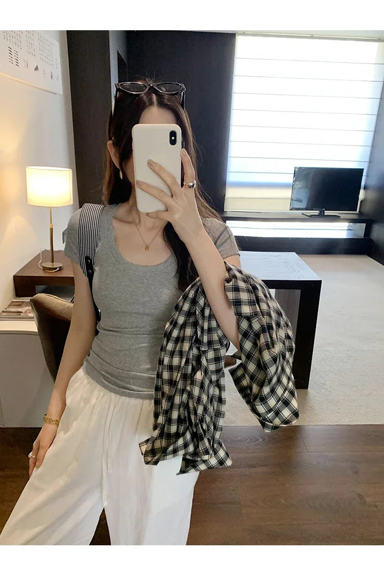 Spring Summer New Short Sleeve T-Shirt Women Solid Simple Casual Soft All-Match Hot Basic Slim Tops Tees Summer Fashion 2026