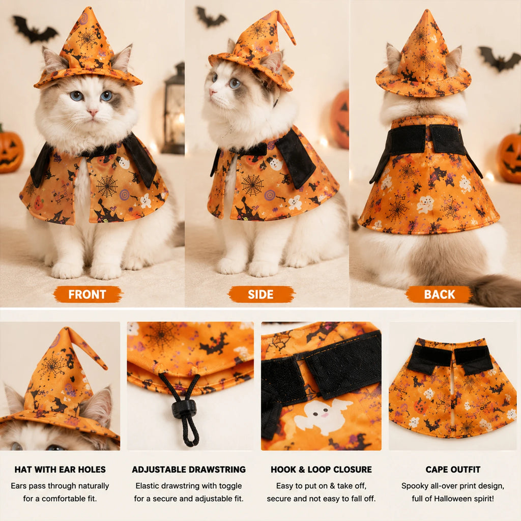 Halloween Witch Pet Costume for Cats & Small Dogs, Witch Hat and Printed Outfit, Adjustable Drawstring, Hook Loop Closures