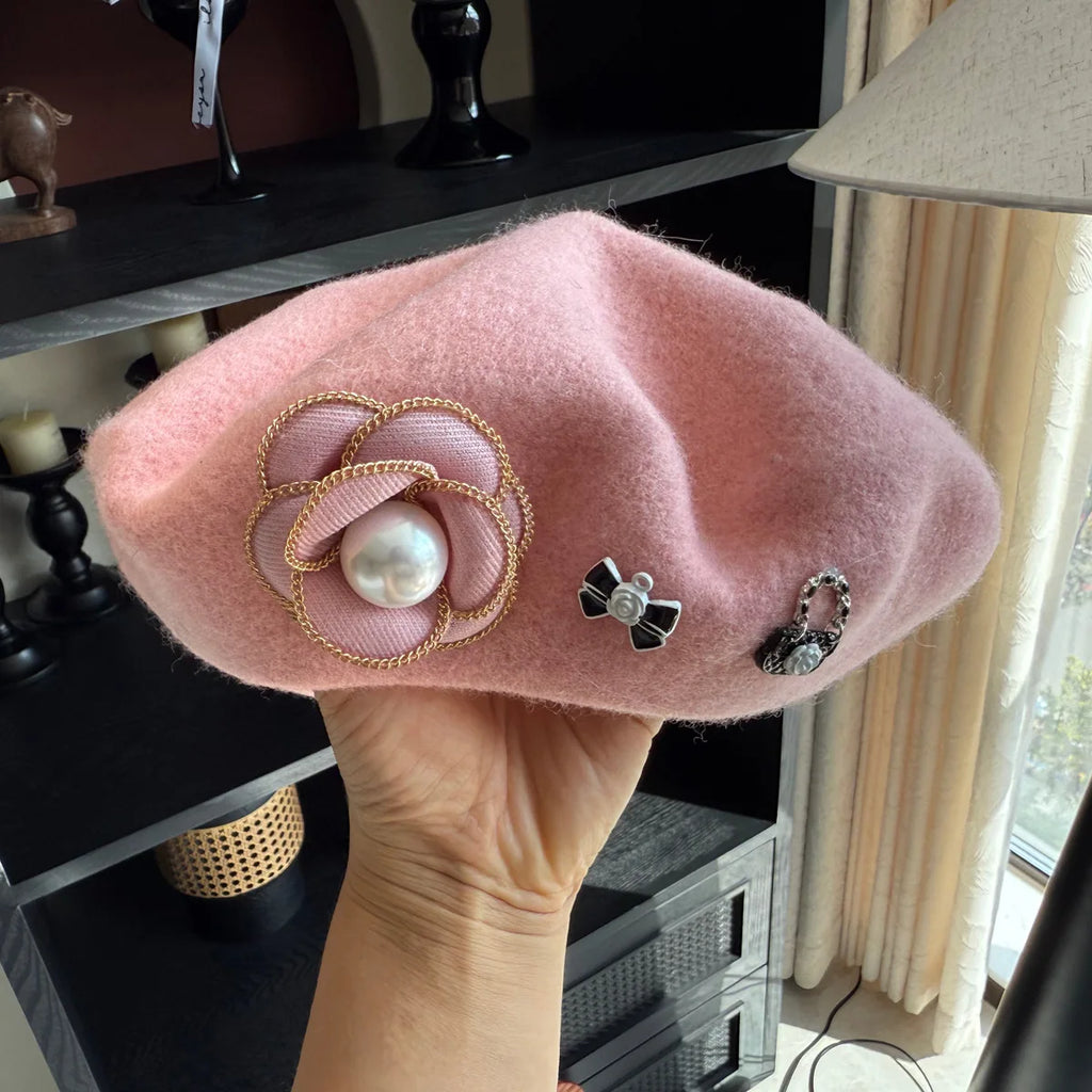 Women's Wool Beret with Camellia & Pearl | French Vintage Elegant Style | Party Painter Hat