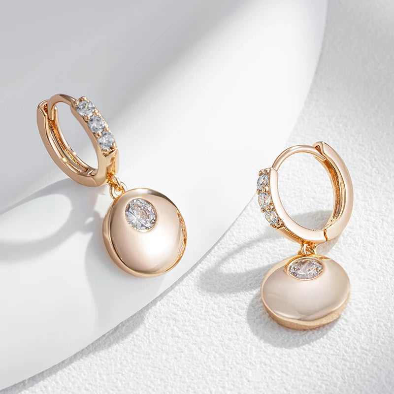 Kinel Fashion Simple Glossy Round Coin Dangle Earrings Women 585 Rose Gold Color With Natural Zircon Party Daily Fine Jewelry