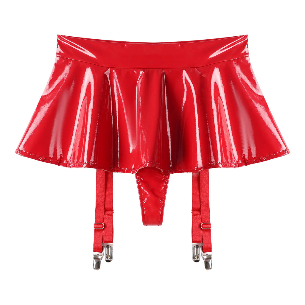 Sexy Damen Wetlook PVC Leder Rüschenröcke Party Low Waist Eingebaute Strings Minirock mit Strumpfhalter Metallclips Set Club