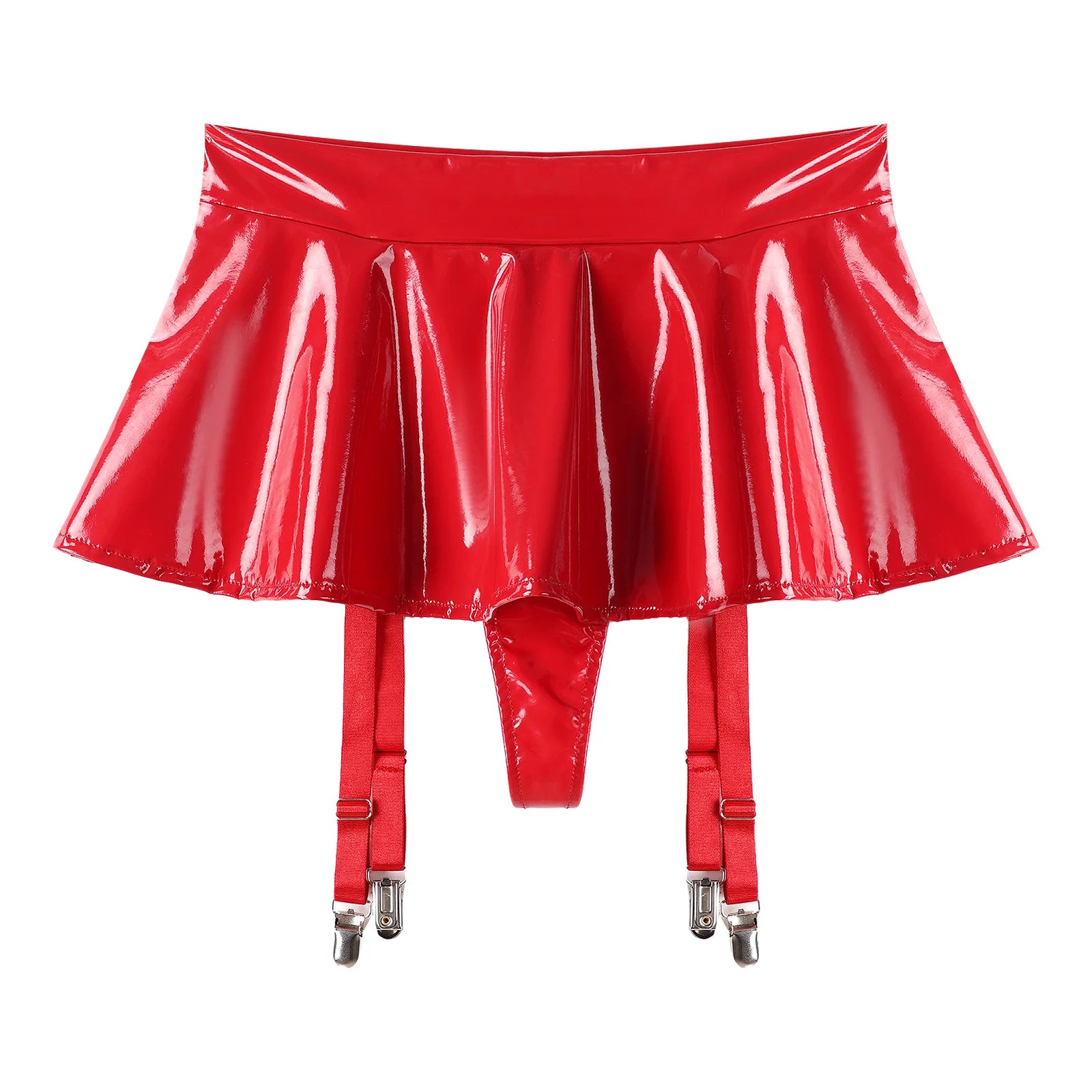Sexy Damen Wetlook PVC Leder Rüschenröcke Party Low Waist Eingebaute Strings Minirock mit Strumpfhalter Metallclips Set Club