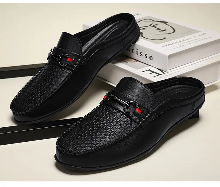 Large Size Mules Men Half Shoes For Man Slippers Leather Mens Semi-Drag Casual Shoes Backless Loafers Male Slides Flats Sandals