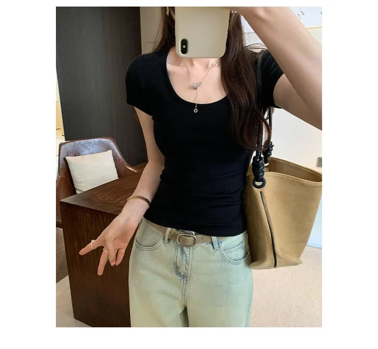 Spring Summer New Short Sleeve T-Shirt Women Solid Simple Casual Soft All-Match Hot Basic Slim Tops Tees Summer Fashion 2026
