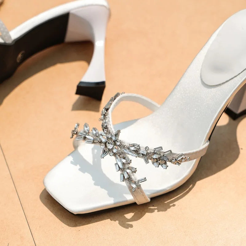 NEW High Quality Luxury Heels Women's Sandals Designer Shoes Rhinestone Square Toe Open Toe Slides Женская Обувь