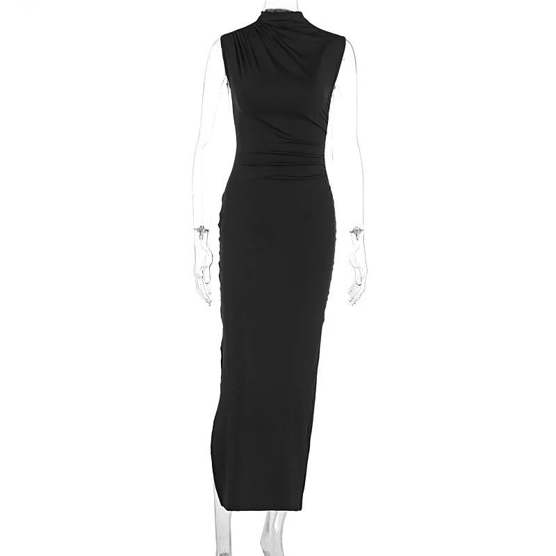 YUZHEXI elegant sleeveless ruched midi dress women commuter bodycon solid color robe black red pink split clothes summer
