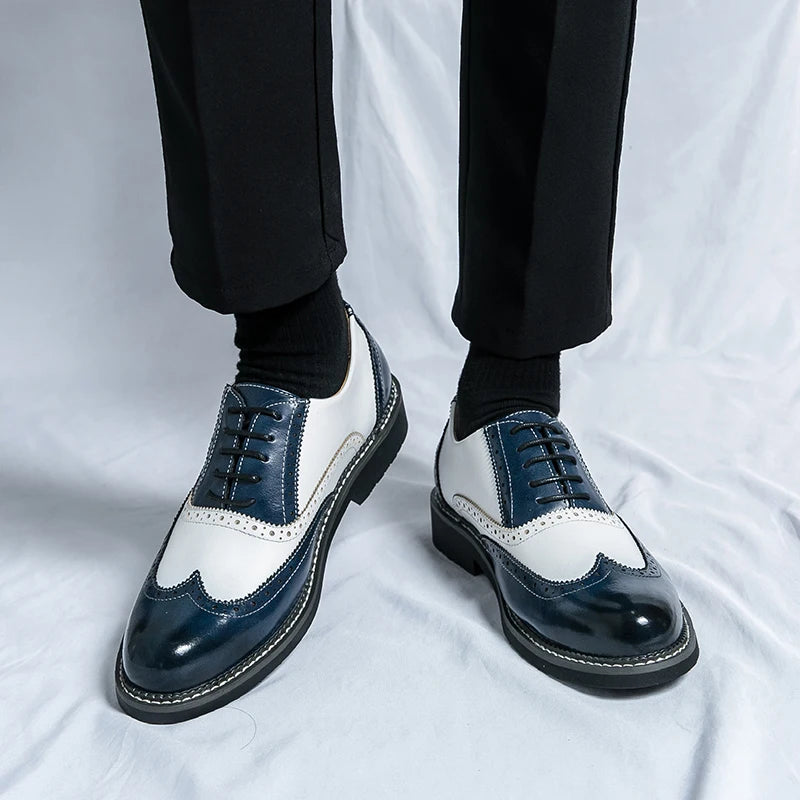 British Men's Trendy Shoes Handmade Sole Brogue Shoes Fashionable Blue Men's Leather Casual Shoes Versatile Free Delivery