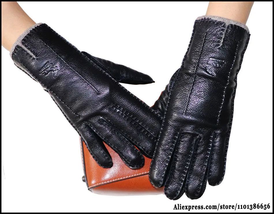 Men's and Women's High-end Buckskin Goat Leather Gloves Autumn and Winter Thin Warm Knitted Wool Lining Driving Leather Gloves