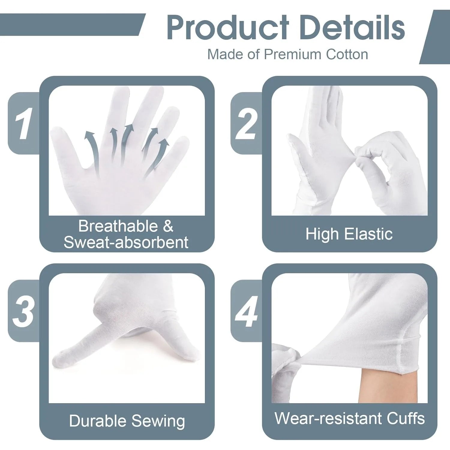 12PCS White Cotton Gloves Jewelry Gloves for Men Women Dry Hands Moisturizing Eczema Inspection Work Gloves Stretchable Cloth