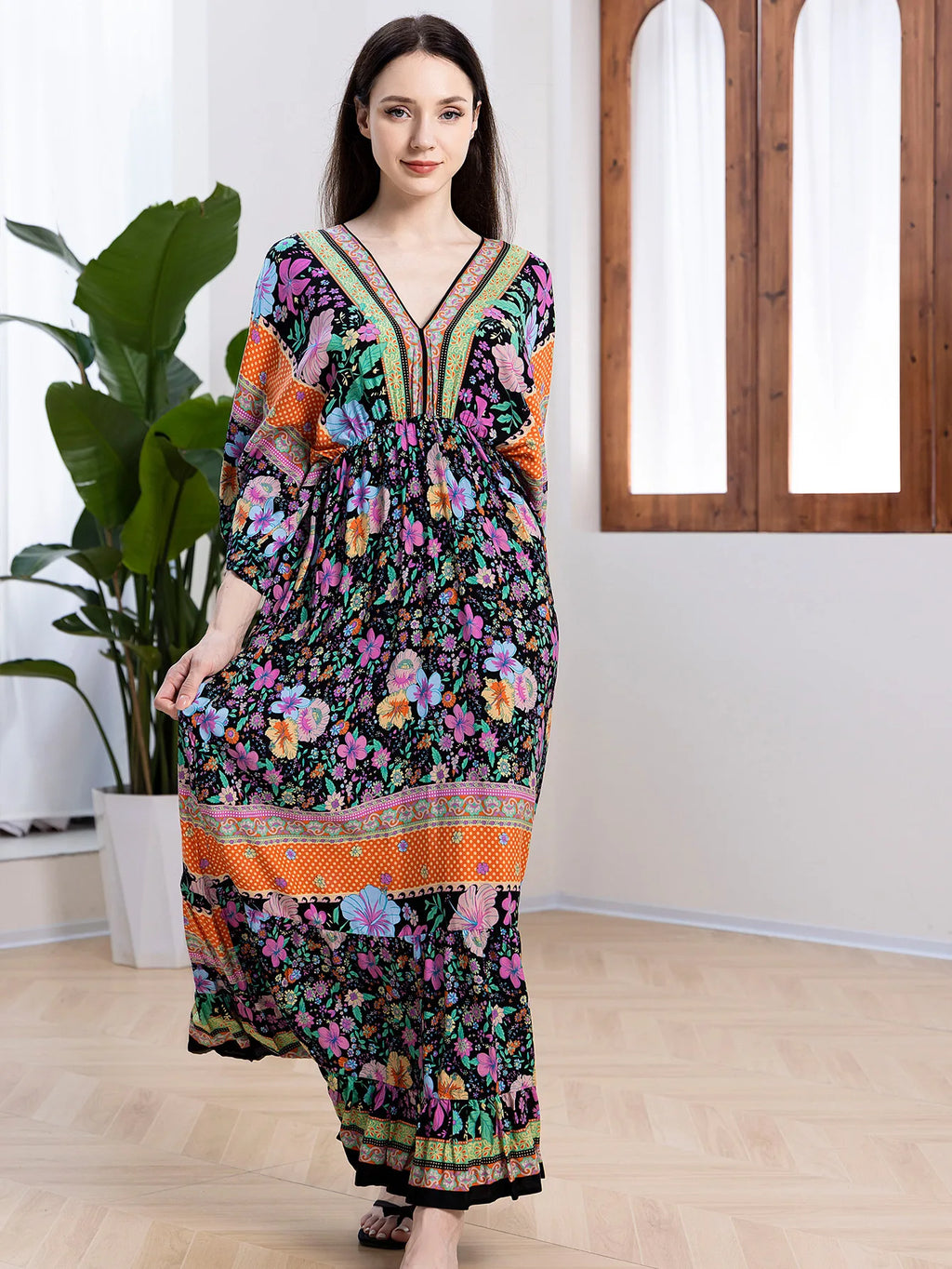 Bohemian Oversize Loose Elastic Waist Maxi Dresses Women Robe Cotton Rayon Floral Printed Long Dress Summer Boho Beach Cover up