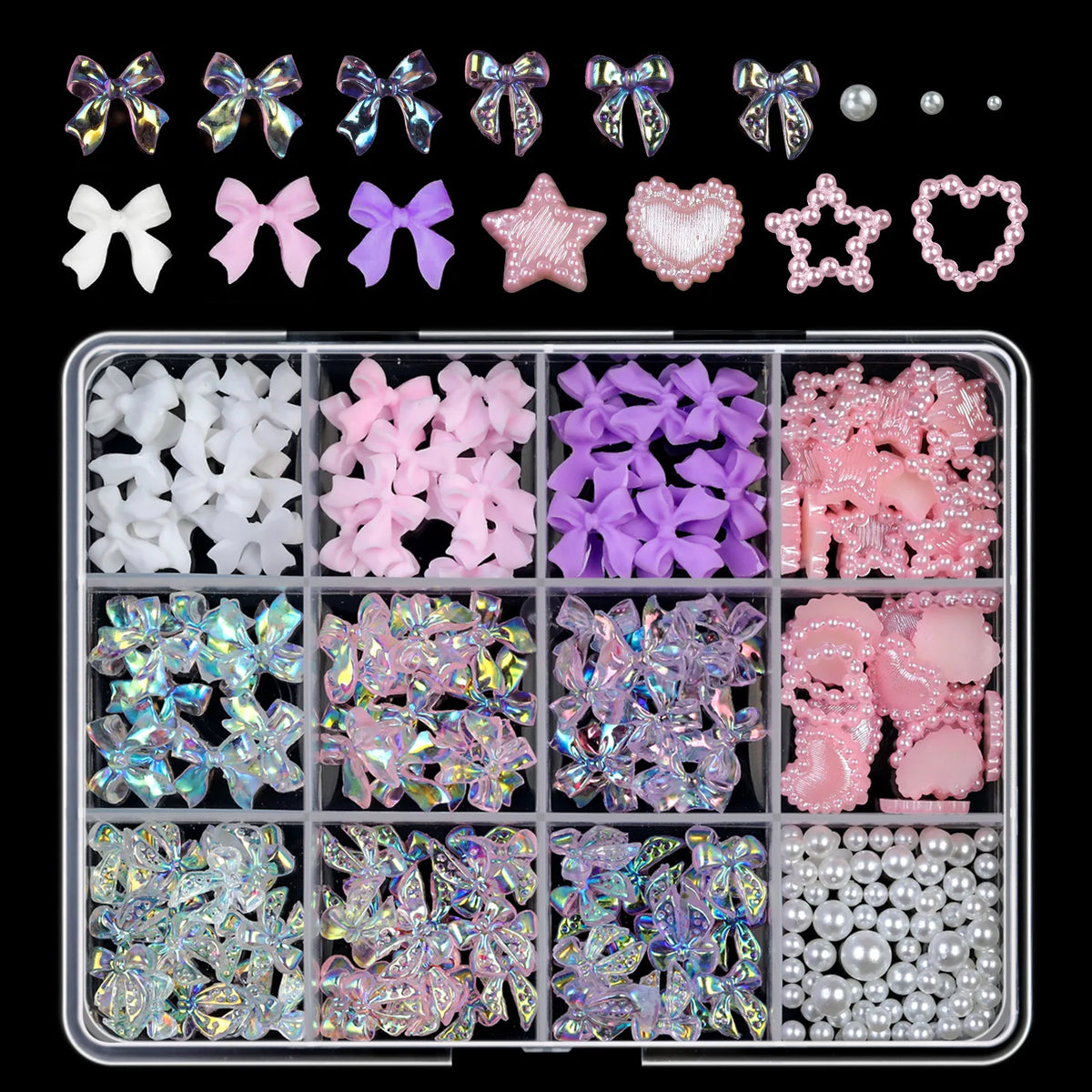 12Grids Mixed Resin Bowknot Nail Art Decorations 3D Aurora Ribbon Bow AB Rhinestones Pearl Flowers Nail Charms DIY Manicure Part