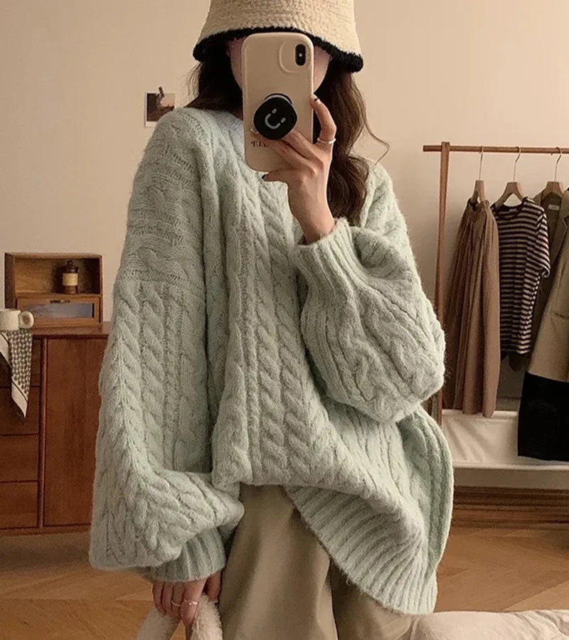 Autumn Winter Women Knit Sweater Korean Oversized Long Sleeve O Neck Pullover Fashion Solid Loose Preppy All Match Jumper Mujer