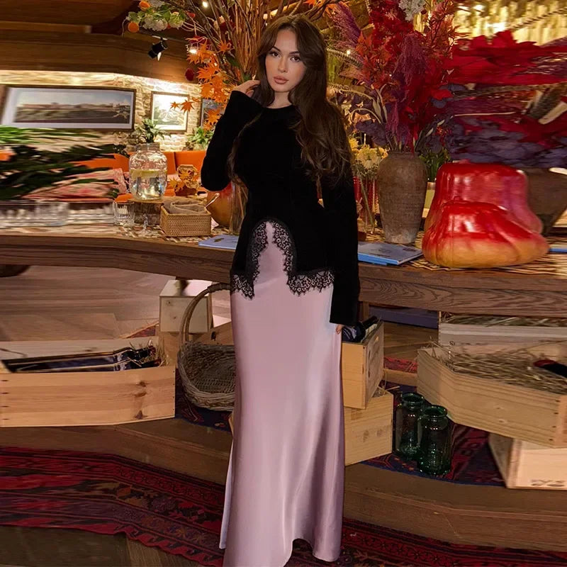Elegant Lace Velvet Patchwork Women Top Flare Long Sleeve O-neck Split Female Blouse 2026 Spring Summer Lady Clothes New