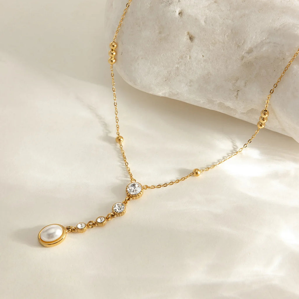 Ars 18k Gold Plated Stainless Steel Y Necklaces Pearl Tassel Necklaces Women's Multi Zircon Lariat Necklace Jewelry Gift for Her
