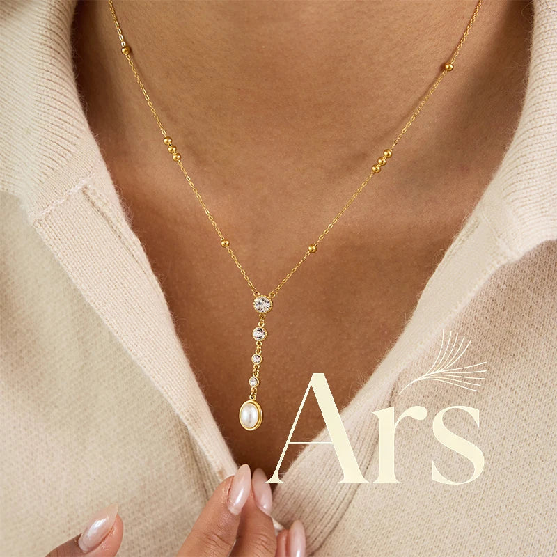 Ars 18k Gold Plated Stainless Steel Y Necklaces Pearl Tassel Necklaces Women's Multi Zircon Lariat Necklace Jewelry Gift for Her