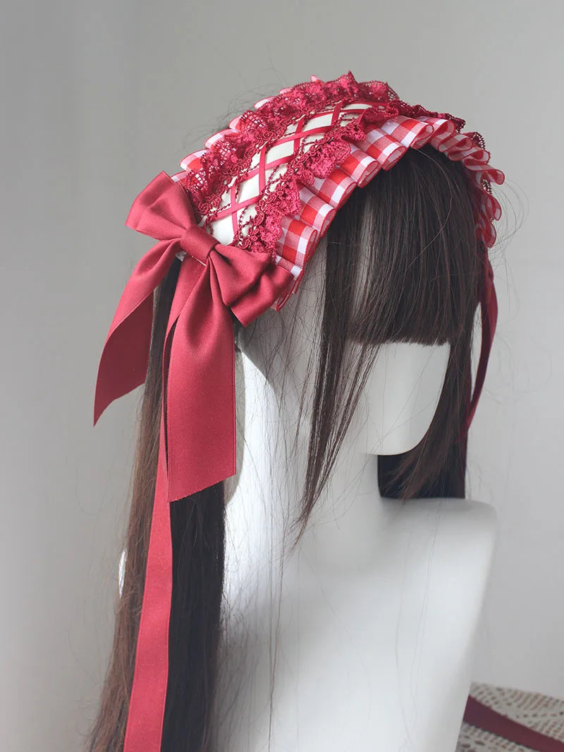 Lolita Sweet Plaid Bow Burgundy Hair Clip Hair Accessories Women Embroidery Lace Stitching Pleated Cake Top Hats Headgear Female