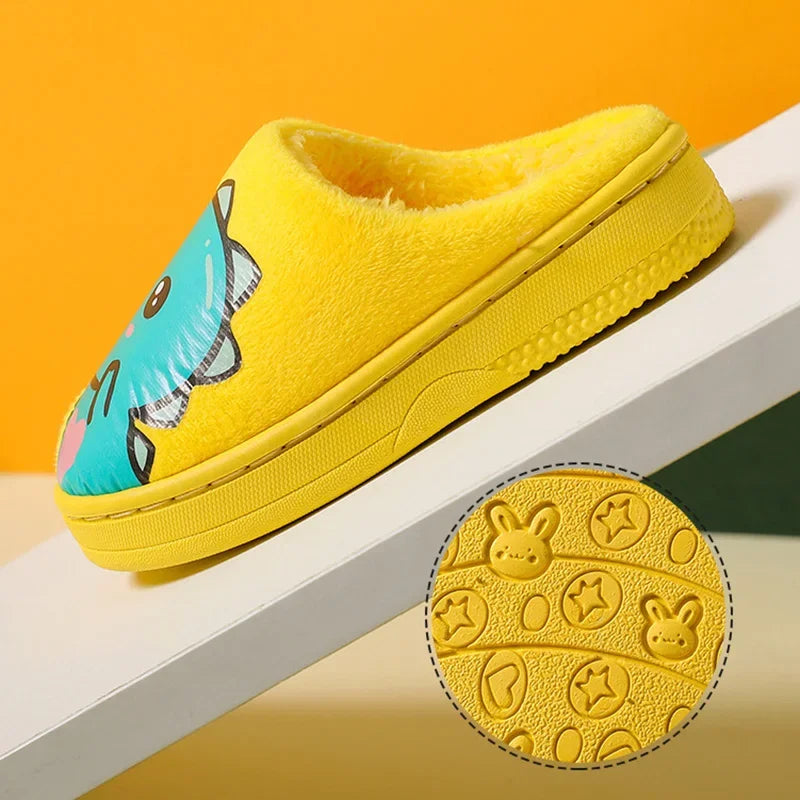 Cartoon Dinosaur Winter Warm Slippers for Kids Boys Girls Non-slip Thickness Soft Soled Slippers for Children Home Plush Shoes
