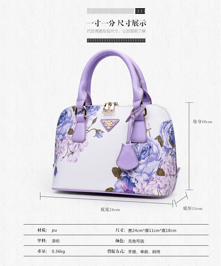 Fashion Elegant Shell Bag Women Flower Printing Totes Shoulder Crossbody Bags High Quality PU Leather Luxury Handbags for Women