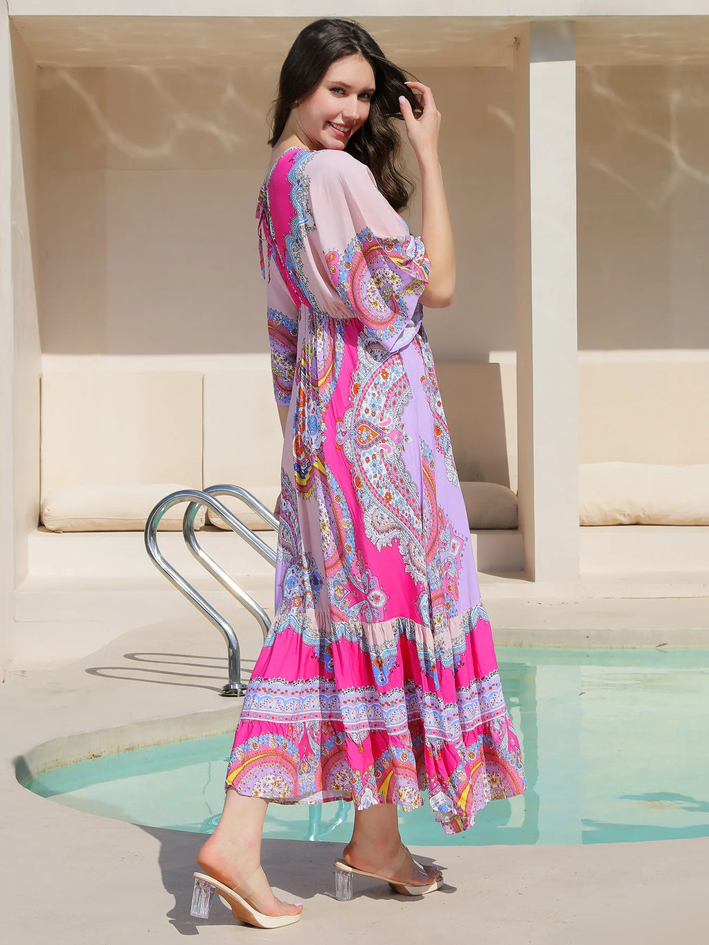Bohemian Oversize Loose Elastic Waist Maxi Dresses Women Robe Cotton Rayon Floral Printed Long Dress Summer Boho Beach Cover up