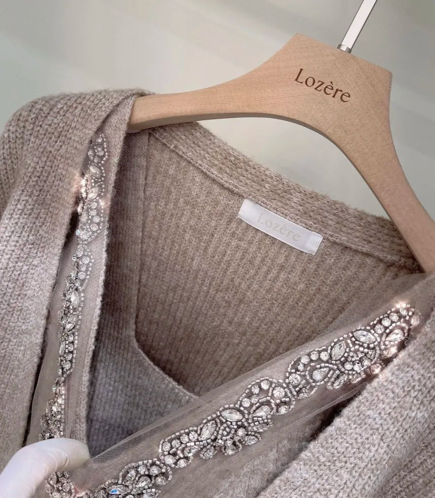 Korean Sle Sexy Sequin Strap Vest Women's Inner Knitted Cardigan Coat Autumn Two-Piece Set Faionable Top And Bot Ensemble