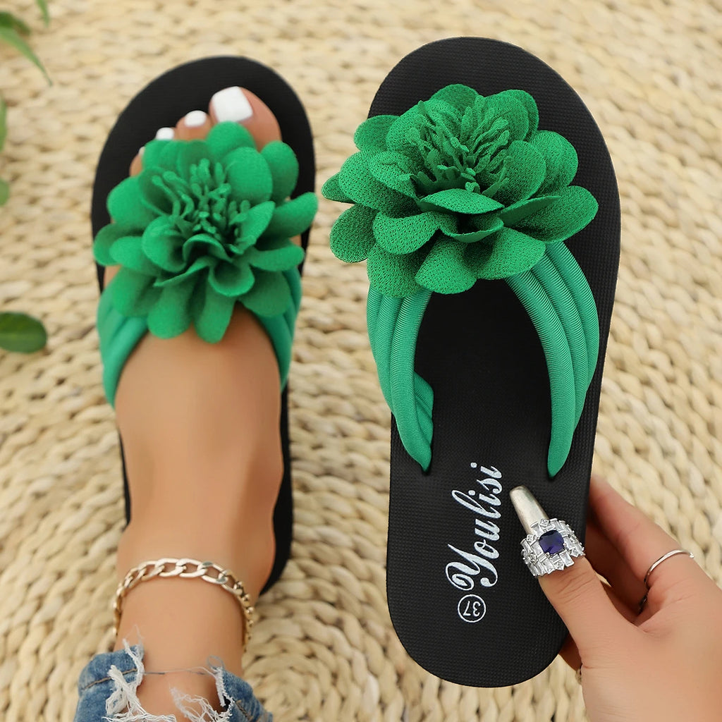 36-44 Women's Handmade Flower Decorated Flip Flops Slippers for Beach Vacation Casual Comfortable Flat Sandals Red Shoes