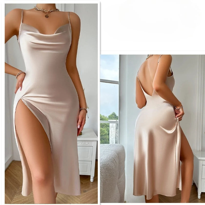 Satin Silk Slip Suspenders Long Dress Thin Breathable Women's Backless Dress Sexy Pajamas Open Back Split Nightdress Long Dress
