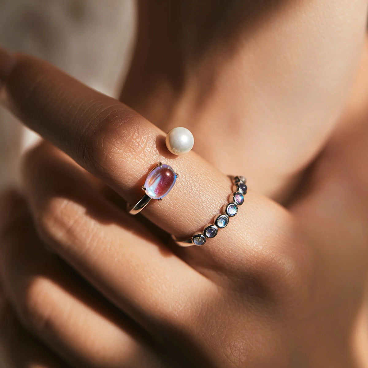 MODIAN 925 Sterling Silver Fine Jewelry Daily Accessories Charming Elegant Moonstone Crystal Pearls Adjustable Rings For Women