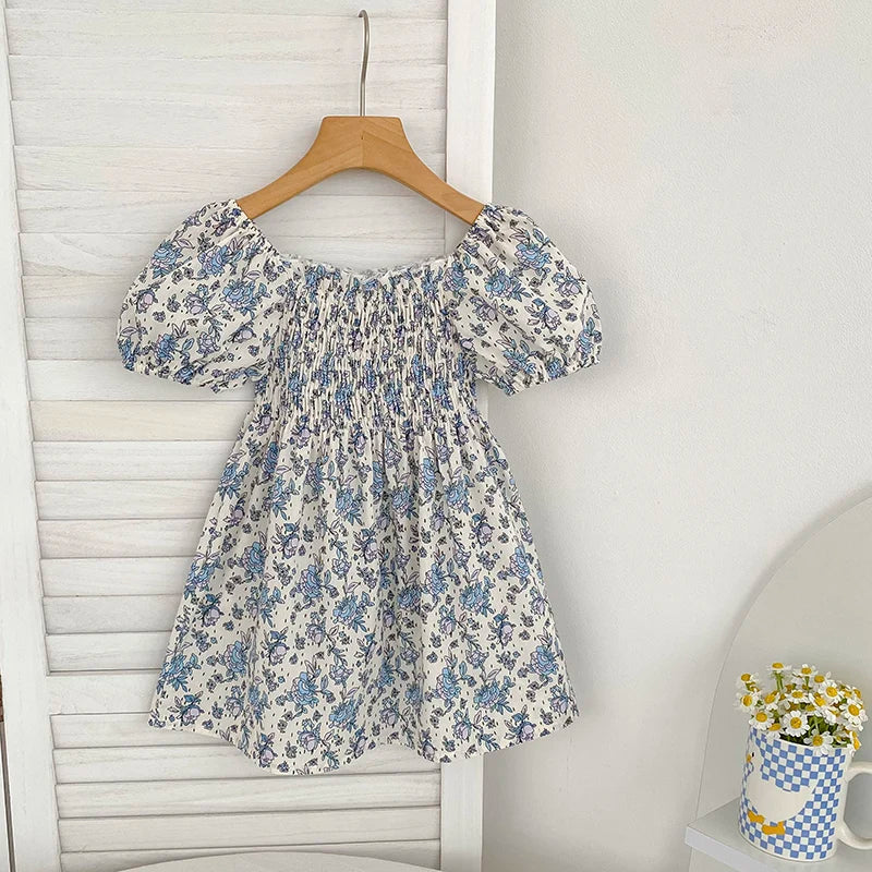 Toddler Girls Floral Princess Dress Little Girl Cotton Short Sleeve Blue Flowers Party Dress Summer Casual Dresses Kids Clothes