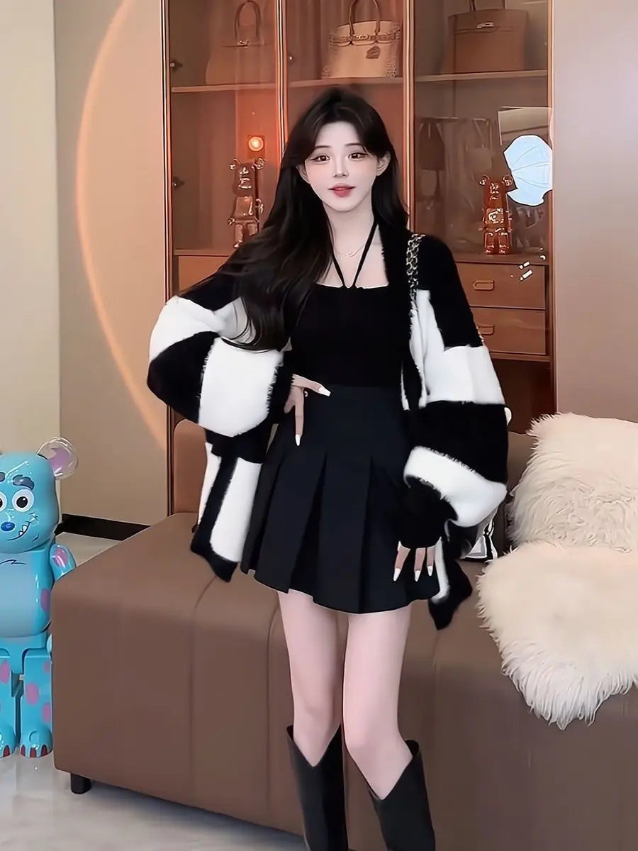 Women Mink Fur Knitted Cardigans Sweaters Autumn Winter Loose Sweet Fashion Stripe Lantern Sleeve Thicken Contrast Color Coats