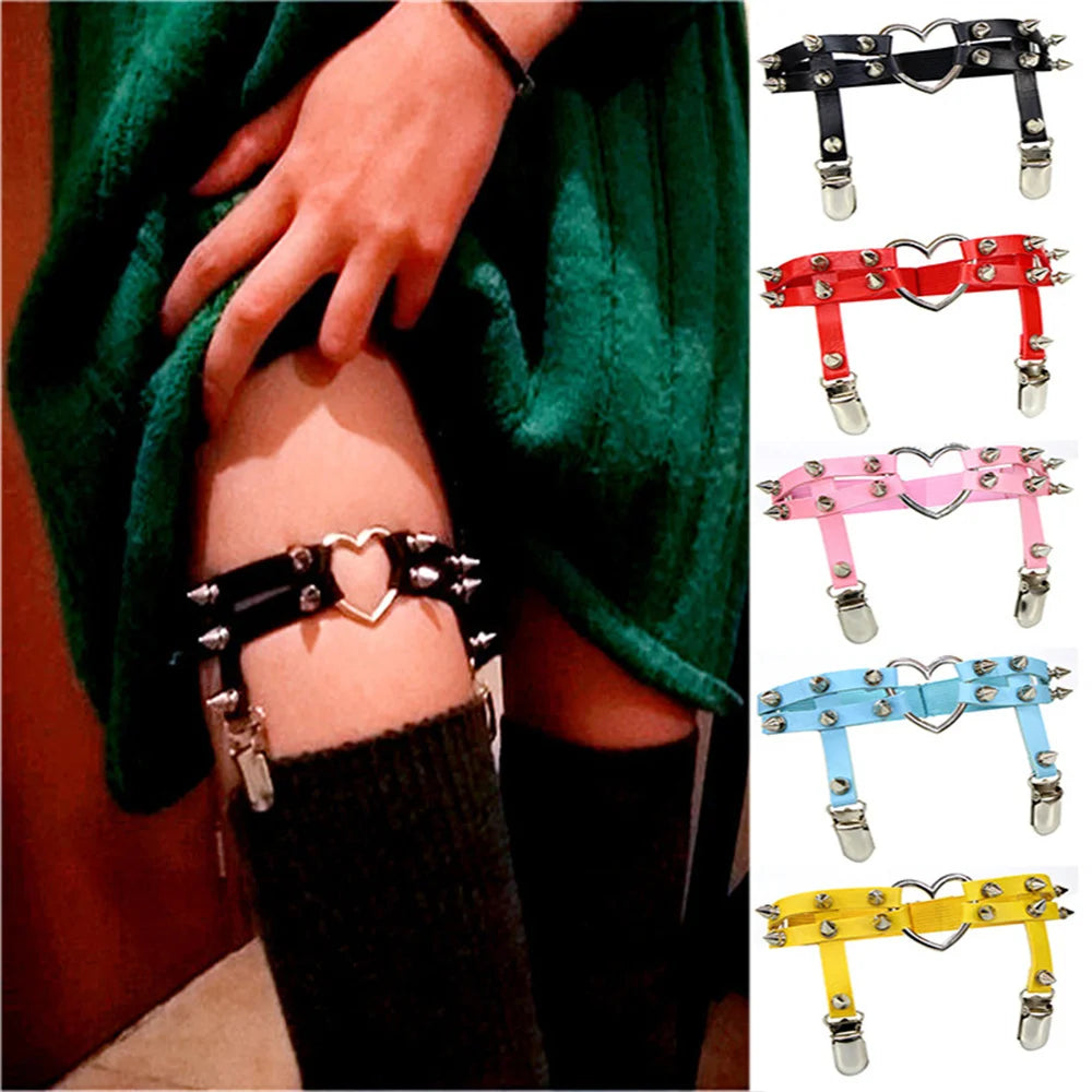 New 80s Punk Goth Round Bow Heart PU Leather Elastic Leg Chain Rings Body Jewelry On The Legs Elastic Body Suspender Jewelry
