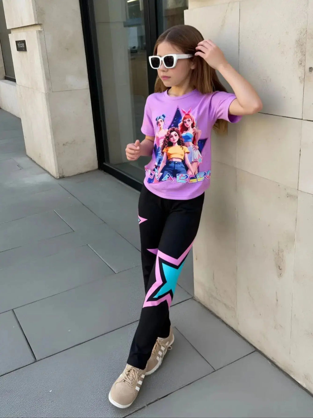 Conjunto de dos piezas de moda para niñas primavera/verano, camiseta de cuello redondo con estampado 3D de K-Pop dibujos animados anime, conjunto de pantalones ajustados