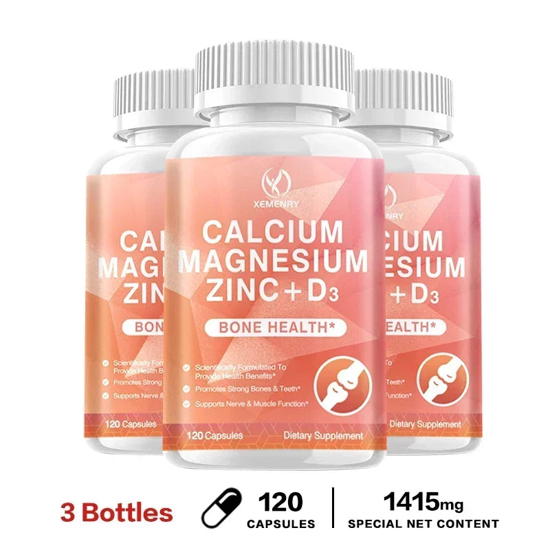 Calcium + Magnesium + Zinc + Vitamin D3 Capsules - Supports Bone and Nervous System Health and Improves Mood