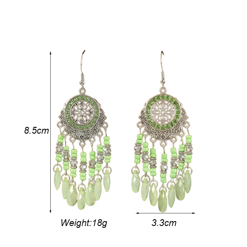 New Round Rhinestone Bohemian Water Drop Earrings for Women Ethnic Layered Rice Beads Temperament Earring Party Vacation Jewelry