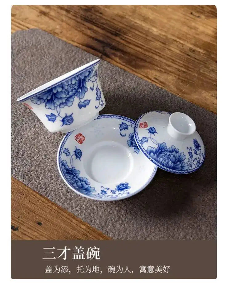 Blue and White Porcelain Gaiwan Tea Cup Large White Porcelain Ningxia Eight Treasures Tea Bowl Set Three Talents Tea Bowl Tea
