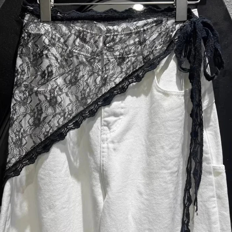 Lace Trim Bandana Triangle Scarf Delicate Ins Ruffled Lace Hair Scarf 2-in-1 Head Band Waist Accessory for Y2K Outfits Headscarf