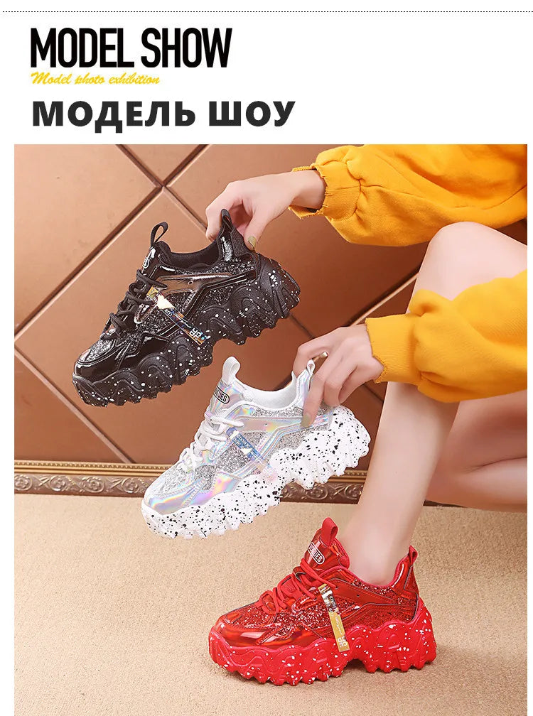 Comemore Women New Bling Platform Sneakers for Girls Casual Chunky Sneaker 6cm Thick Bottom Sports Shoes Platform Red Silver 40