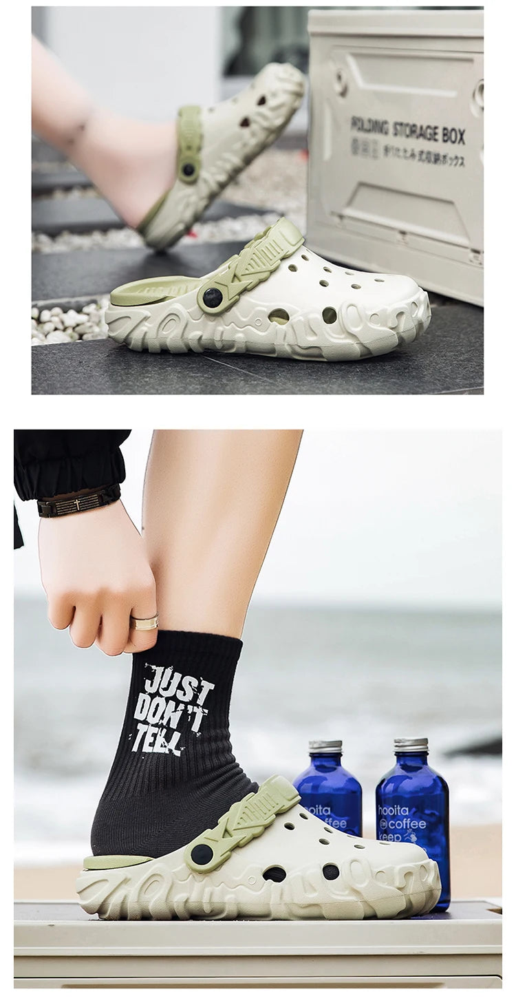 Hollow-Out Shoes for Men, Summer Outdoor Wear, Non-Slip, Wear-Resistant, Closed-Toe Sandals, Men's Beach Casual Sports Soft-Soled Slippers