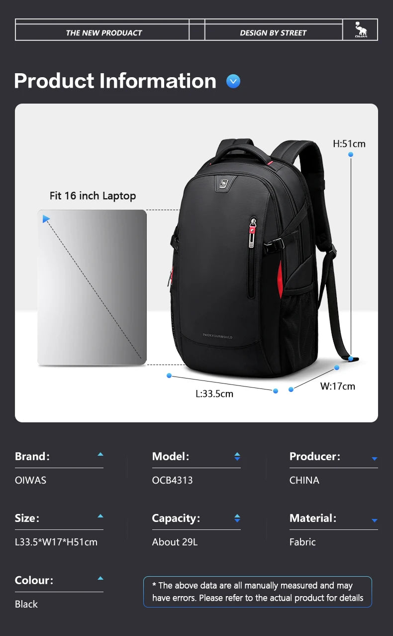 OIWAS Men's backpack For 15.6 Laptop Inch School Bags  Waterproof Nylon 29L Casual Shoulder Bagpack Travel Teenage Mochila