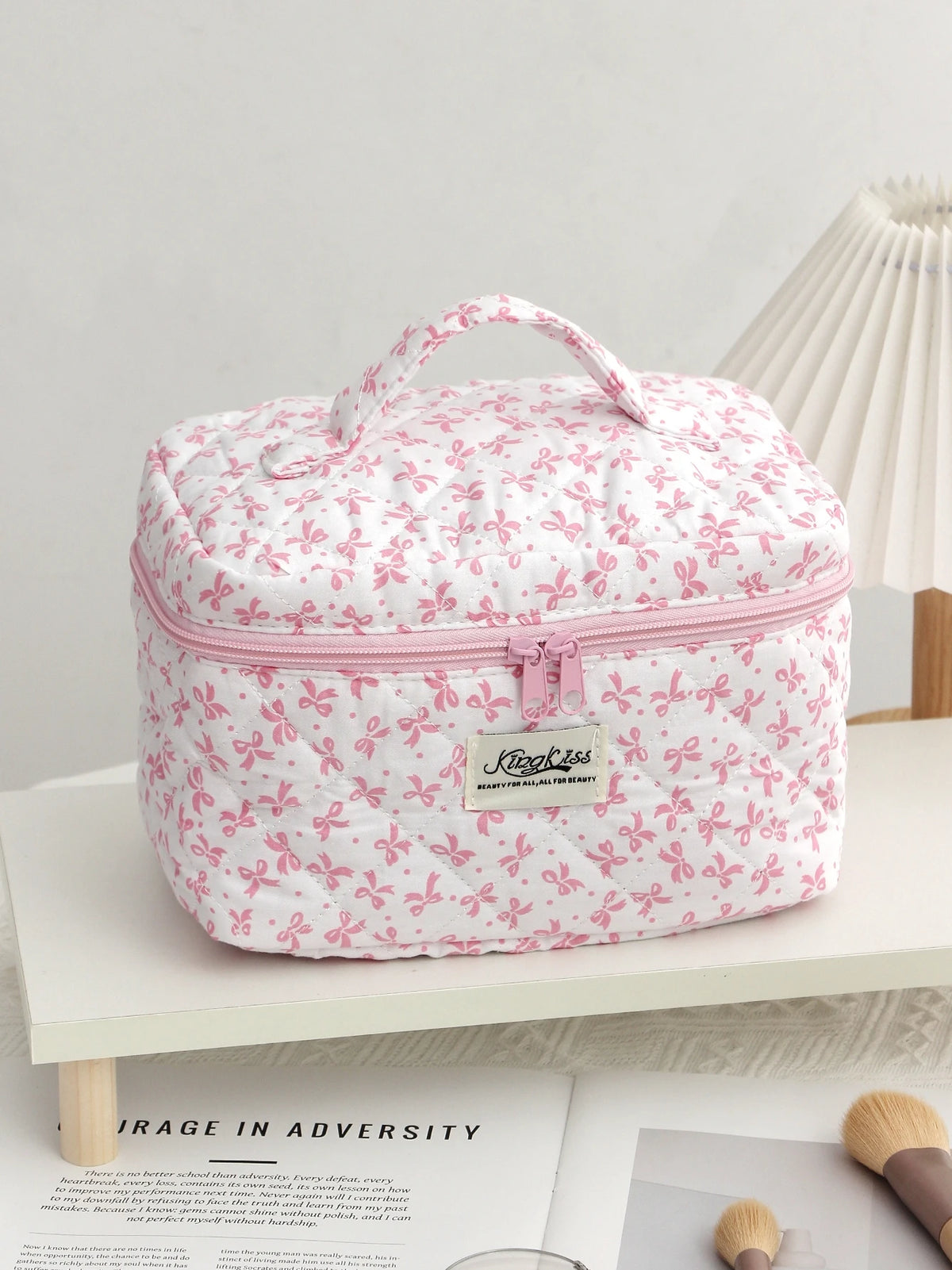 Pink Color Bowknit Print Cosmetic Bag Large Capacity Makeup Bag Pouch Skincare Toiletry Bag Travel Dorm Jewelry Lip Organizer