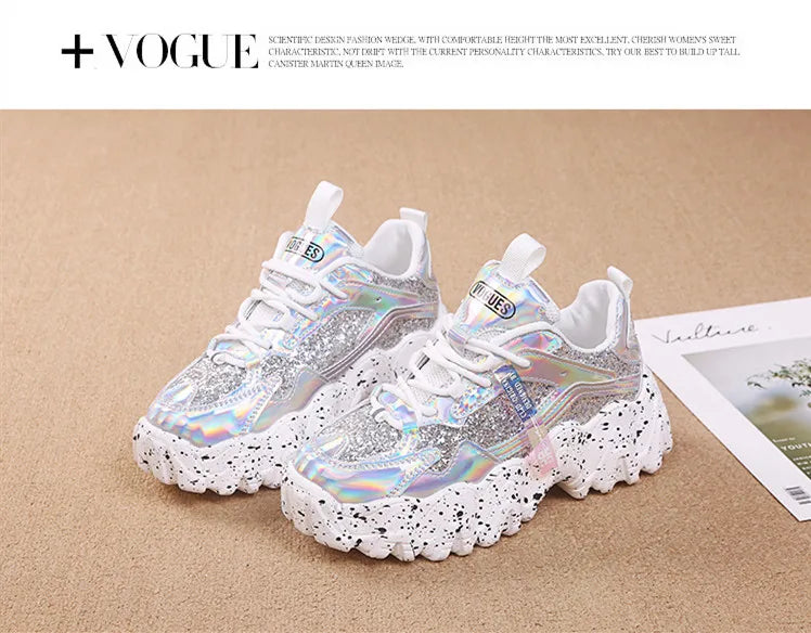 Comemore Women New Bling Platform Sneakers for Girls Casual Chunky Sneaker 6cm Thick Bottom Sports Shoes Platform Red Silver 40